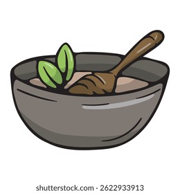 Argamassa e almofariz para a confecção de misturas SPA. Acessórios para massagem e medicina oriental. Ilustração vetorial para adesivo, impressão, ícone. Imagem isolada no plano de fundo branco