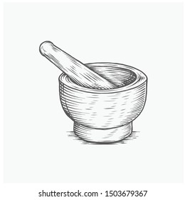 Mortar And Pestle Medical Pharmacy Hand Drawing Engraved