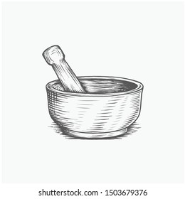 Mortar And Pestle Medical Pharmacy Hand Drawing Engraved