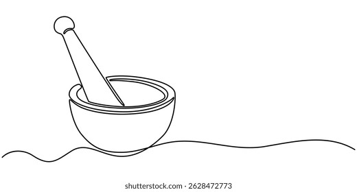 Mortar with pestle one line continuous drawing. Kitchen tools continuous one line illustration. Vector minimalist linear illustration, Single continuous line drawing mortar and pestle vintage.