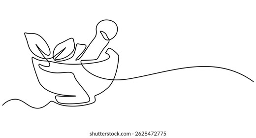 Mortar with pestle one line continuous drawing. Kitchen tools continuous one line illustration. Vector minimalist linear illustration, Single continuous line drawing mortar and pestle vintage.