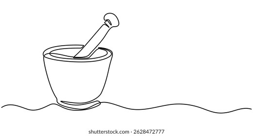 Mortar with pestle one line continuous drawing. Kitchen tools continuous one line illustration. Vector minimalist linear illustration, Single continuous line drawing mortar and pestle vintage.