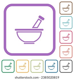 Mortar and pestle outline simple icons in color rounded square frames on white background