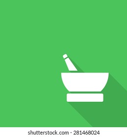 Mortar and pestle pharmacy flat icon with long shadow.