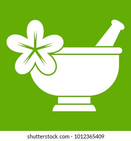 Mortar and pestle pharmacy icon white isolated on green background. Vector illustration