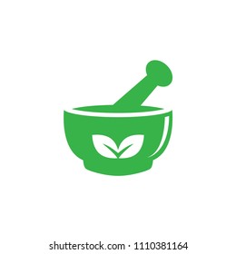 Mortar and pestle pharmacy nature herbal health logo design vector template