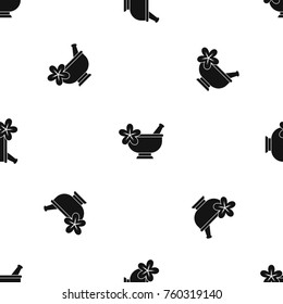 Mortar and pestle pharmacy pattern repeat seamless in black color for any design. Vector geometric illustration