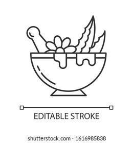 Mortar with pestle pixel perfect linear icon. Graining leaves for liquid. Aloe vera sprouts. Thin line customizable illustration. Contour symbol. Vector isolated outline drawing. Editable stroke