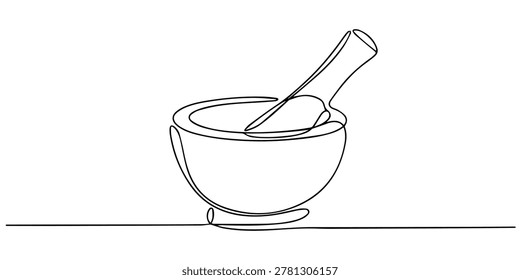 Mortar and pestle placed on continuous line in white background. no editable strokes, Mortar with pestle one line continuous drawing. Kitchen tools continuous one line illustration. Vector minimalist linear illustration, Single continuous line drawing mortar and pestle vintage.