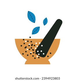 Mortar and pestle. Pounding condiment mixture in wooden mortar with pestle. Herbs and spices. Flat trendy abstract style. Vector illustration. For recipes, menu, cafe, decor.