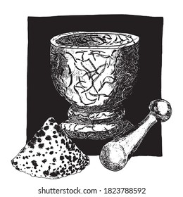 Mortar and pestle with powder on black square. Magic witch trituration, marble bowl and pounder. Illustration for alchemy, medicine, cosmethology or cuisine. Part of collection.