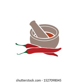 Mortar and pestle with red chili peppers,  vector