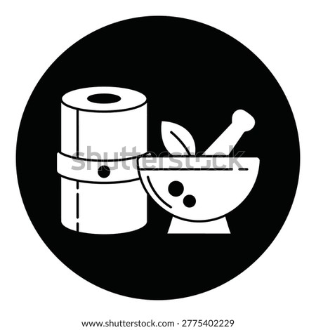 Mortar and pestle with rolled up paper on black circular background icon