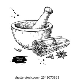 Argamassa e pilão com tempero - canela, cardamomo, e estrela anice vetor desenho.  Equipamento culinário com especiarias ingredientes ilustração desenhada à mão. Conceito de culinária. Isolado sobre fundo branco