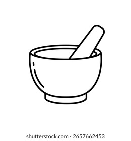Mörtel und Pestel in einem einfachen, sauberen Linien Kunststil. Eine minimalistische Ikone zum Zerkleinern von Kräutern, Gewürzen oder für Apotheken- und Kochkonzepte.