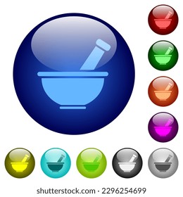 Mortar and pestle solid icons on round glass buttons in multiple colors. Arranged layer structure