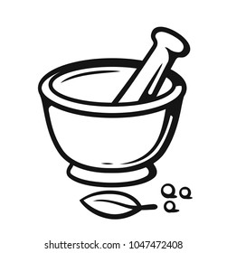 Mortar And Pestle With Spices Outline Style. Vector Illustration