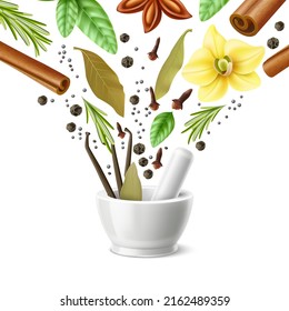 Mortar and pestle spices. Realistic porcelain grinding device with flying herbs, seeds and sprigs, dry clove, vanilla pods, cinnamon sticks, rosemary sprigs, black pepper, vector concept