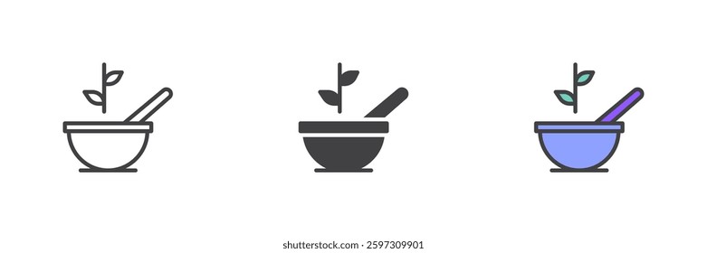 Mortar and pestle with a sprout different style icon set. Line, glyph and filled outline colorful version, outline and filled vector sign. Herbal medicine symbol, logo illustration. Vector graphics