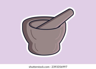Mortar and Pestle Sticker design vector illustration. Kitchen and pharmacy equipment design concept. Grinder bowl, Ayurvedic medicine bowl sticker design logo.