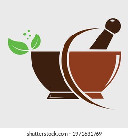 Mortar and pestle surrounded by sage leaves - single vector