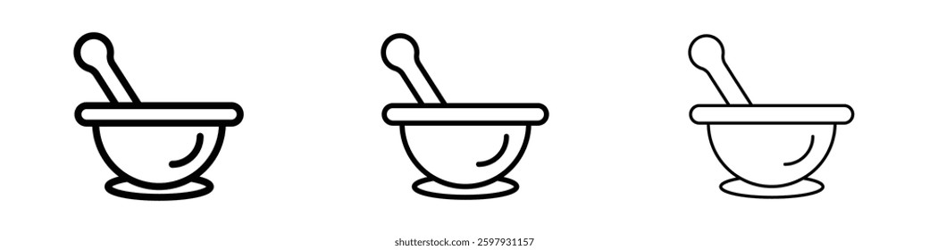 Mortar pestle thin line vector icon set.