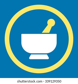 Mortar and pestle vector icon. Style is bicolor flat rounded symbol, yellow and white colors, rounded angles, blue background.