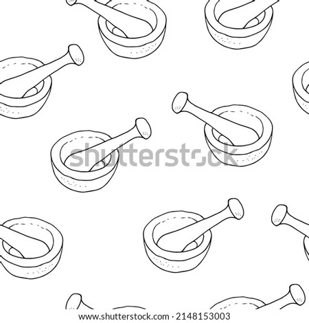 Mortar and pestle vector seamless pattern, hand drawn illustration, pharmaceutical and spices