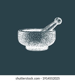 Mortar und Pestle, Vektorgrafik. Handgezeichnete Illustration von Gips im Gravierstil.