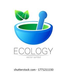 Símbolo vector mortero y almirez. Logo de la ilustración de hierbas naturales. Concepto de ecología, ecología, orgánica, medicina y productos de terapia de hierbas. Logotipo médico alternativo. Cuencos azules y hojas verdes