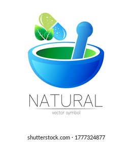 Mortar and pestle vector symbol with pill capsule and leaf. Logo of nature herb illustration. Concept for ecology, eco, organic, medicine and herb therapy product. Alternative medical logotype.