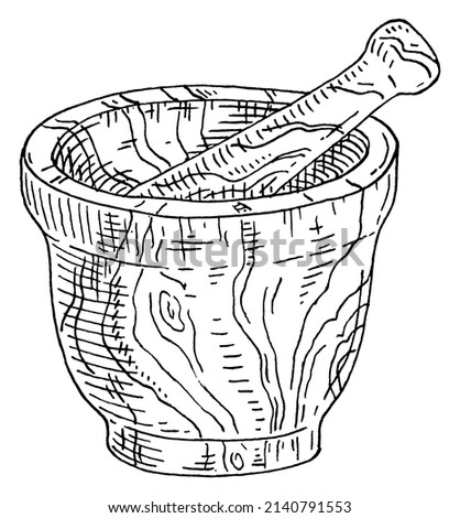 Mortar and Pestle. Vector vintage engraving color illustration. Isolated on white background. Hand drawn design