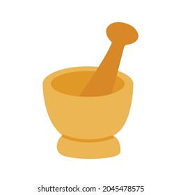 Mortar and pestle. Vintage bowl for chopping and kneading herbs and spices. Alternative medicine, herbalism, healing. Colorful vector isolated illustration hand drawn icon