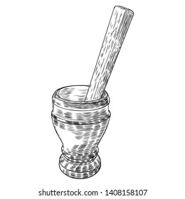 Mortar and pestle vintage engraving hand drawing. Isolated on white, pharmacy and medicine. Spiritual occultism chemistry, magic alchemy tattoo sketch. Vector
