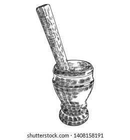 Mortar and pestle vintage engraving hand drawing. Isolated on white, pharmacy and medicine. Spiritual occultism chemistry, magic alchemy tattoo sketch. Vector