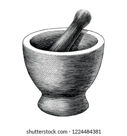 Mortar and pestle vintage engraving illustration isolated on white background,Logo of pharmacy and medicine