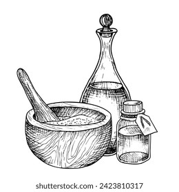 Mortar and pestle with vintage flacons. Vector illustration of retro bottles for health care and medicine. Eco cosmetic products for treatment and skincare painted by black inks. Linear drawing.