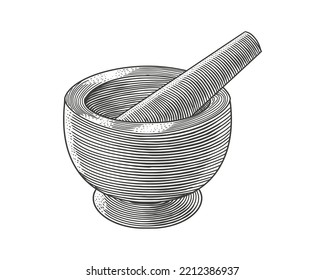 Mortar and pestle vintage vector engraving illustration. Logo of pharmacy and medicine inspiration for your brand or company.