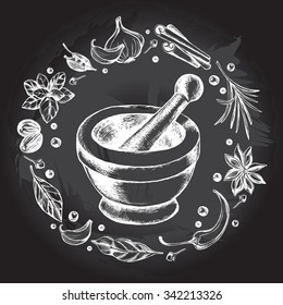 Mortar and pestle in a wreath of spices and herbs, hand-drawn vector illustration