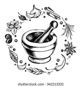 Mortar And Pestle In A Wreath Of Spices And Herbs, Hand-drawn Vector Illustration