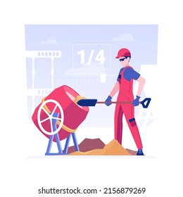 Mortar preparation isolated concept vector illustration. Mason with spade making a cement mortar, brickwork and block work, construction worker, private house building process vector concept.