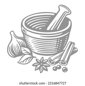 Mortar and spices with Pestle Sketch.