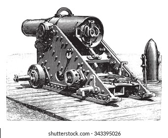 Ilustración con rayas de mortero de 220 milímetros, modelo 188, sobre la mirada, ilustración vintage grabada. Enciclopedia industrial E.-O. Lami - 1875.
