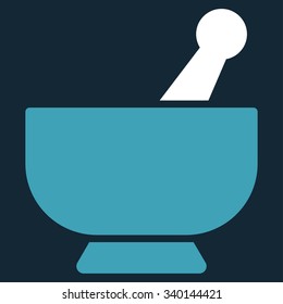 Mortar vector icon. Style is bicolor flat symbol, blue and white colors, rounded angles, dark blue background.