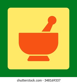 Mortar vector icon. Style is flat rounded square button, orange and yellow colors, green background.