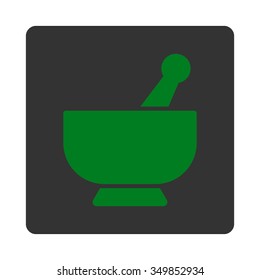 Mortar vector icon. Style is flat rounded square button, green and gray colors, white background.