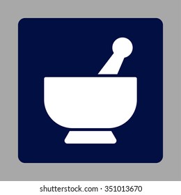 Mortar vector icon. Style is flat rounded square button, white and dark blue colors, silver background.