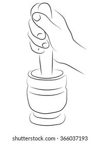 Mortar in woman hands, hand holds a mortar.