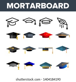 Mortarboard, Academic Cap Vector Color Icons Set. Mortar Board, Education Linear Symbols Pack. University, School, College Graduation Ceremony. Bachelor, Masters Degree Isolated Flat Illustrations