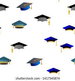 Mortarboard, Academic Cap Vector Color Icons Seamless Pattern. Mortar Board, Education Linear Symbols Pack. University, School, College Graduation Ceremony. Bachelor, Masters Illustrations